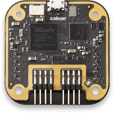 Saleae Logic 8 black printed circuit board top view showing high-quality components and FPGA