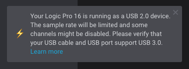 Warning Prompt when Logic Pro is connected via USB 2.0
