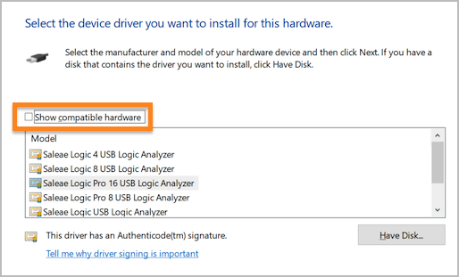 Uncheck "Show compatible hardware" to list all Logic models